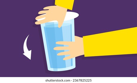 An experiment with turning over a glass of water and a piece of paper. Vector illustration.
