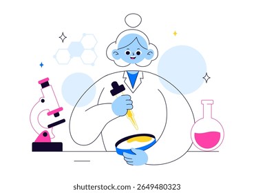 Experimente a ilustração vetorial com um laboratório realizando pesquisa científica, experimentação e medição para testar uma hipótese