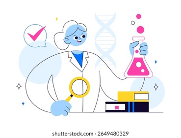 Experimente a ilustração vetorial com um laboratório realizando pesquisa científica, experimentação e medição para testar uma hipótese