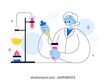 Experimente a ilustração vetorial com um laboratório realizando pesquisa científica, experimentação e medição para testar uma hipótese
