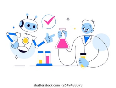 Experimente a ilustração vetorial com um laboratório realizando pesquisa científica, experimentação e medição para testar uma hipótese