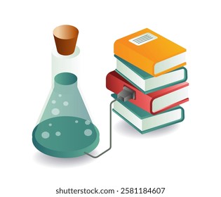 Experimental bottle with stack of books illustration concept