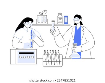 Experimental conditions setting abstract concept vector illustration. Scientists arrange lab instruments and test tubes, preparing for the medical experiment, basic research abstract metaphor.