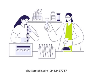 Experimental conditions setting abstract concept vector illustration. Scientists arrange lab instruments and test tubes, preparing for the medical experiment, basic research abstract metaphor.