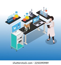 Experimental dog biological genetic engineering research 3d isometric vector illustration concept for banner, website, landing page, ads, flyer template