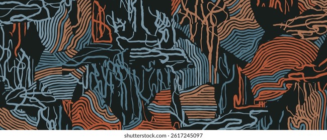Experimental hand drawn brush line abstract background, Japanese, ethnic and tribal wood carving, engraving, block print texture pattern, irregular line art for textile, carpet