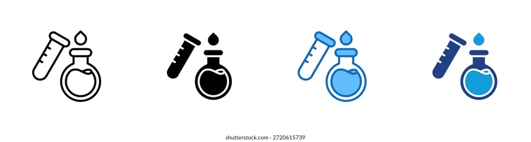 Experimentelle Multi Style Icon Design Vektor - Kolben und Reagenzglas mit einem Tropfen, der Experimente und wissenschaftliche Tests darstellt