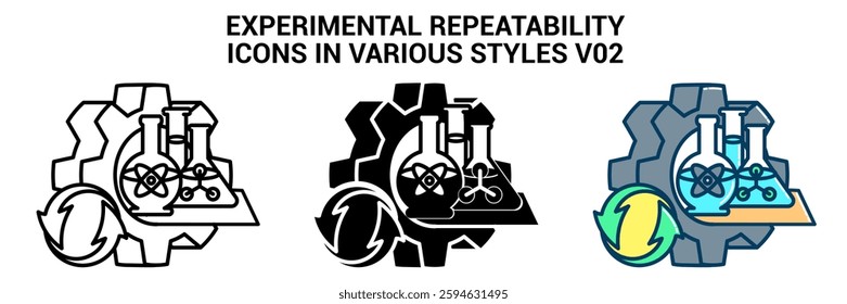 Experimental Repeatability icon represented by experiment equipment, circle arrow Line, Filled, Color style.