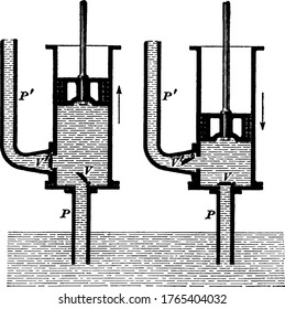 Un montaje experimental con pistón, tubería y cilindro, que muestra cómo el agua del cilindro de la bomba se ve forzada hacia arriba por el tubo de entrega, P, dibujo de la tubería vintage o ilustración de grabado.