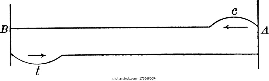 An experimental set-up, in which the tension of rope is varied, until the crest, 'C', is seen. It travels from 'A to B', where it is reflected back to 'A' as a trough, 't', vintage line drawing