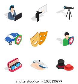 Experimental work icons set. Isometric set of 9 experimental work vector icons for web isolated on white background