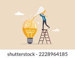 Experimentation, research or test new idea, discover success solution or experiment new business idea, innovative or invention concept, businessman with flask mixing experiment light bulb idea.