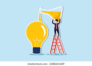 Experimentation, research or test new idea, discover success solution or experiment new business idea, innovative or invention concept, businessman with flask mixing experiment light bulb idea.