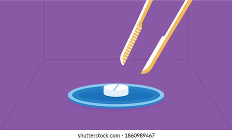 Experimenting a medicine.pill with forceps scene. Vector illustration.