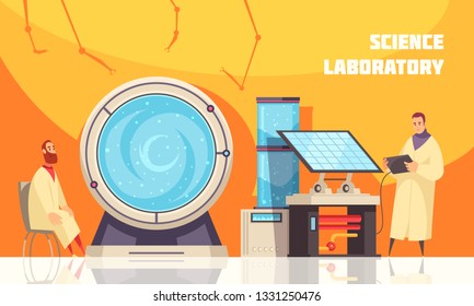 Experimenting scientists in laboratory near large centrifuge with liquid for chemistry or  biotechnology equipments flat vector illustration