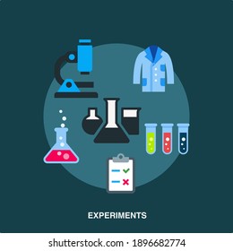 Experiments Flat concept icon design with microscope light blue apron test tubes chemical glass checklist on blue background