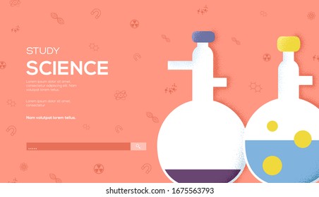 experiments flyer, web banner, ui header, enter site. Chemistry Invitation concept background. Laboratory laiout illustration modern slider page