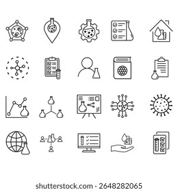 Experiments vector icon set. lab illustration sign collection.  Laboratory symbol. Chemistry web icons. Contains tests, analysis, biochemistry and more.