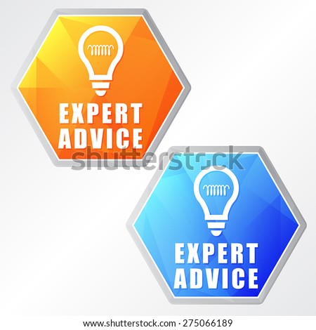 expert advice and bulb symbols - two colors hexagons web icons with signs, flat design, business service support concept, vector
