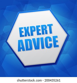 expert advice - business consult concept word in hexagon over blue background, flat design, vector