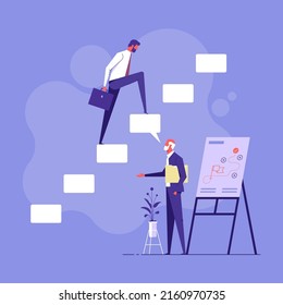 Expert advice or coach to solve business problem, professional consultant or support giving solution concept, businessman expert with speech bubble help connect stairway to success