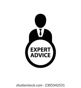 Expert advice icon. Business person presentation of expert advice word flat vector icon. Decision support. Employment services icon. Professional suggestion. Expertise.