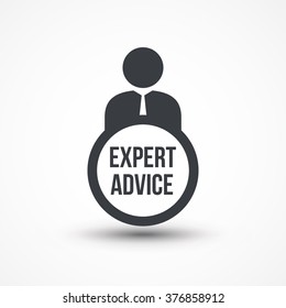 Expert advice icon. Business person presentation of expert advice word flat vector icon. Decision support. Employment services icon. Professional suggestion. Expertise.