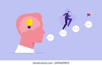 Expert advice or idea to success concept, advice or effective feedback to motivate to success, comment, idea, opinion for career improvement, businessman jump on speech bubble advice to success