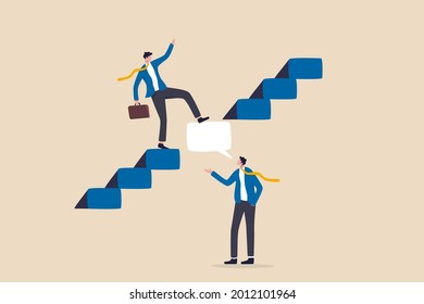 Expert advice or intelligence information to solve business problem, professional consultant or support giving solution concept, businessman expert with speech bubble help connect stairway to success.