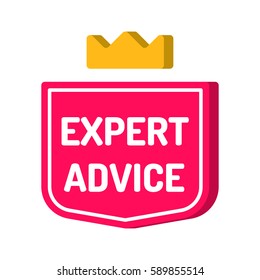 Expert advice. Red badge with crown icon. Vector with 3d effect, illustration on white background.