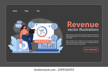 Expert analyzing revenue streams. Woman with laptop, viewing sales charts and e-commerce shopping cart amidst money symbols. Business profitability insight. Flat vector illustration.