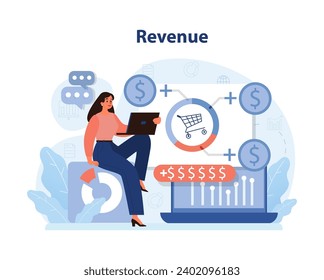 Expert analyzing revenue streams. Woman with laptop, viewing sales charts and e-commerce shopping cart amidst money symbols. Business profitability insight. Flat vector illustration.