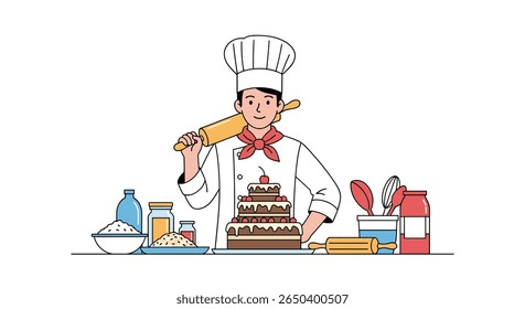 Expert baker crafting a delicious multi tiered cake with culinary ingredients and tools for sweet creations