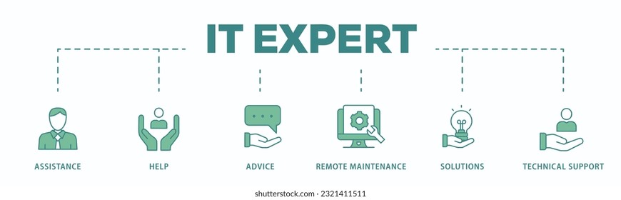 IT Expert banner web icon vector illustration concept with icon of assistance, help, advice, remote maintenance, solutions and technical support