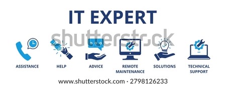 IT Expert banner web icon vector illustration concept with icon of assistance, help, advice, remote maintenance, solutions and technical support 