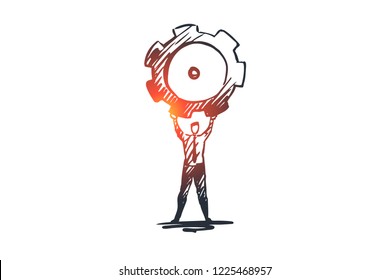 Expert, business, professional, advice, recommend concept. Hand drawn person holds gear in hands concept sketch. Isolated vector illustration.