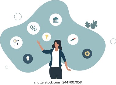Expert. Business tasks.Woman pointing at business icons.flat vector illustration.