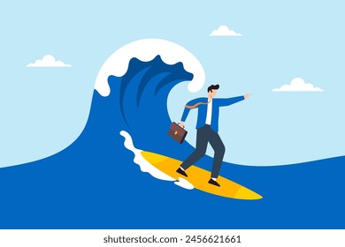 Expert businessman surfing or riding wave to success direction, illustrating following business trends and momentum. Concept of overcoming difficulties, professional experience and career development