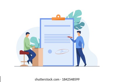 Expert checking business leader order. Tiny character with pencil reading document flat vector illustration. Paperwork, legal expertise concept for banner, website design or landing web page