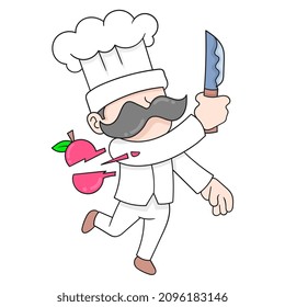 expert chef in action cutting food ingredients with knife, vector illustration art. doodle icon image kawaii.
