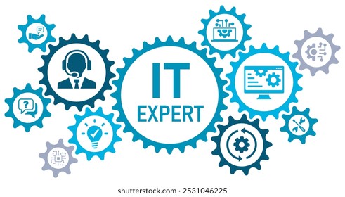 IT expert concept banner web icons. vector illustration. with icons, of assistance, help, advice, remote maintenance, solution, technical support, online support, on white background,