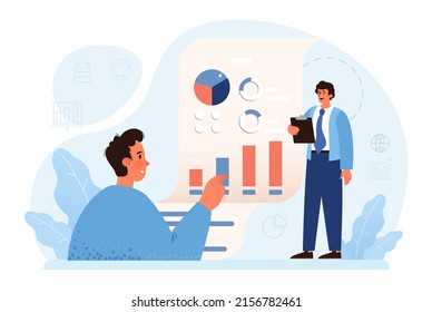 Expert concept. Professional business adviser provides solutions for business. Expertise and corporate consultancy. Idea of strategy management and troubleshooting. Flat vector illustration