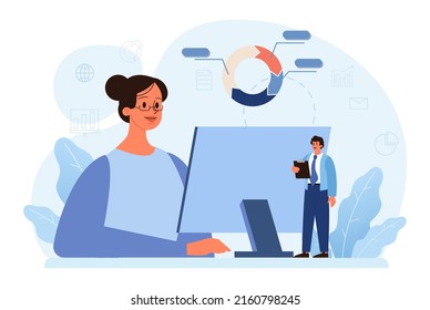 Expert concept. Professional business adviser provides solutions for business. Expertise and corporate consultancy. Idea of strategy management and troubleshooting. Flat vector illustration