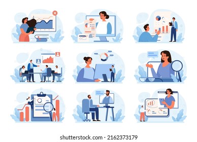 Expert concept set. Professional business adviser provides solutions for business. Expertise and corporate consultancy. Idea of strategy management and troubleshooting. Flat vector illustration