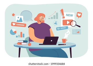 Expert of content analysis working on successful SMM strategy. Flat vector illustration. Woman working with statistics of likes and views at workplace. Freelance, technology, web promotion concept