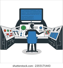 An Expert with control panel. Analytics and management. Control Room Engineer. Power Plant Panel. Engineer standing in front of the control panel. equipment for monitoring or surveillance. 2394