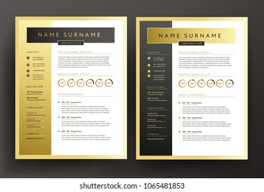 Expert CV / resume template in black and gold colors - professional curriculum vitae vector design sample - golden background