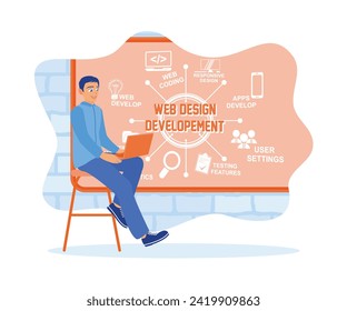 IT expert develops website using laptop. Web development icons are drawn on the board. Web design concept. Flat vector illustration.