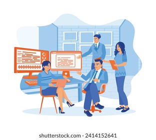 IT expert discusses with several colleagues in the office. Discusses the idea of ​​developing software on a laptop computer. APP devs concept. Flat vector illustration.