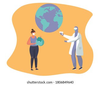 Expert Doctors Wearing Protective Suits and Medical Mask Measures the Temperature of a Girl at the Airport.Travel and Visa during Quarantine.Flat Vector Illustration